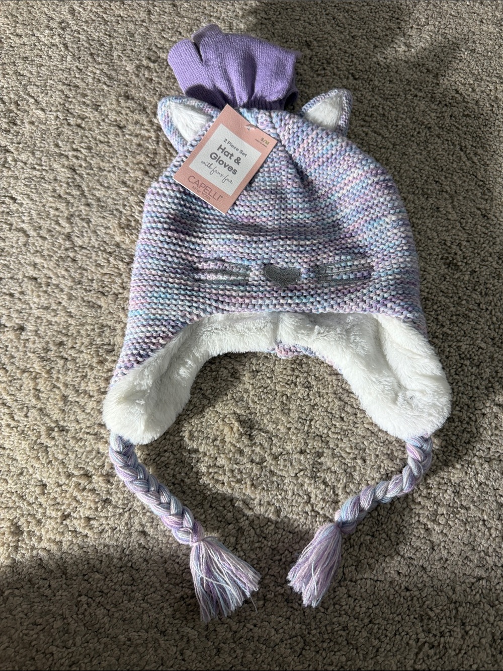 Capelli of New York Kids Lavender Multi Knit Cat Ear Hat with Faux Fur Lining